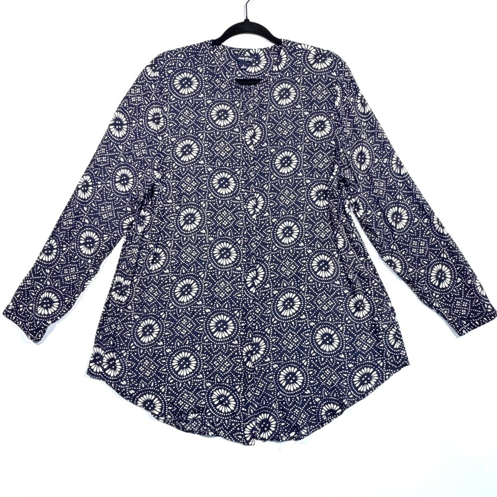 Lucky Brand Womens L Navy Blue Medallion Print Rayon Tunic Blouse Boho Chic